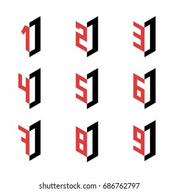 Collection of the flat isometric numbers with down arrow vector; 3D digits with isometric arrow; Red and black digits set