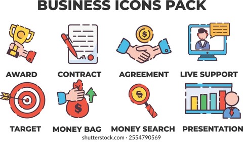Collection of flat line colorful business icons. Flat line color icon of a collection of business icons representing key concepts like awards, contracts, agreements, and more. Colored Outline Icons.