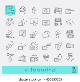 Collection Of Flat Line E-learning Icons. Icons Of Distance Learning, Cloud Computing, Online Learning And E Book.