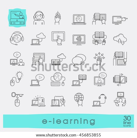 Collection of flat line e-learning icons. Icons of distance learning, cloud computing, online learning and e book.