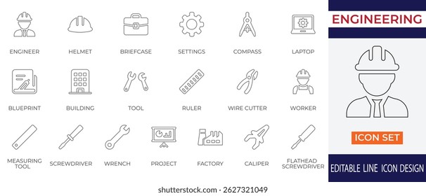 A collection of  flat line icons related to engineering and industrial design. This set includes icons of engineer, safety helmet, blueprint, compass, factory, wrench, screwdriver, caliper, drafting t