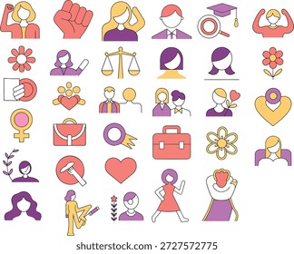 Colección de iconos de línea plana que representan el empoderamiento de la mujer Fuerza femenina Feminismo Concepto de igualdad y diversidad empresarial Vectores con colores brillantes y contornos distintos