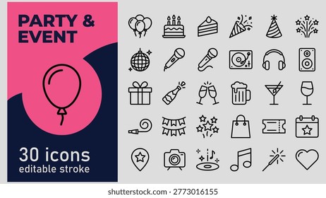 Collection of flat line icons representing various elements of parties and celebrations including balloons cake champagne music and gifts