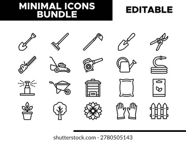 Collection of flat line vector icons representing various gardening tools and elements. Includes items for planting, maintenance, and yard work.