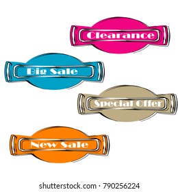 collection of Flat linear promotion ribbon banner scroll price tag sticker badge poster set isolated