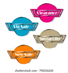 collection of Flat linear promotion ribbon banner scroll price tag sticker badge poster set isolated