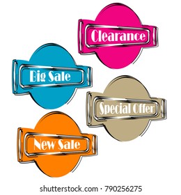 collection of Flat linear promotion ribbon banner scroll price tag sticker badge poster set isolated