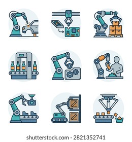 Collection of flat linear vector icons depicting robotic arms and automated machinery in industrial manufacturing and logistics processes