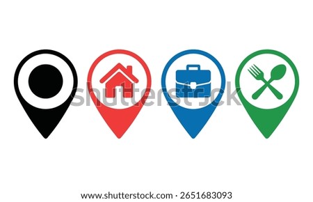 Collection of flat location marker icons with a house, job briefcase, and restaurant, presented in vibrant colors on a transparent backdrop.