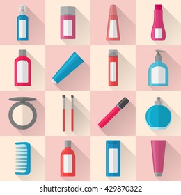 Collection of flat makeup and cosmetics icons with long shadow