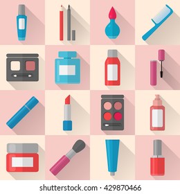 Collection of flat makeup and cosmetics icons