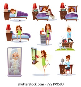 Collection of flat mini compositions showing all stages of morning awakening from wake up call to shower breakfast and make up vector illustration