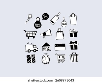 A collection of flat, minimalist icons depicting various elements of Black Friday sales, including shopping carts, bags, discount tags, a calculator, a megaphone, delivery truck, and a timer.