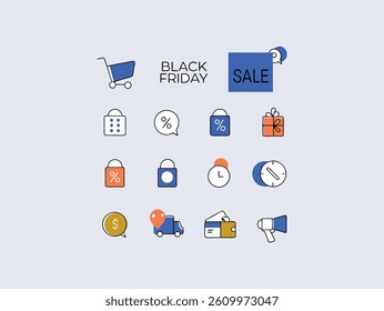 A collection of flat, minimalist icons depicting various elements of Black Friday sales, including shopping carts, bags, discount tags, a calculator, a megaphone, delivery truck, and a timer.