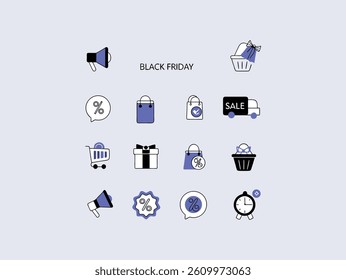 A collection of flat, minimalist icons depicting various elements of Black Friday sales, including shopping carts, bags, discount tags, a calculator, a megaphone, delivery truck, and a timer.