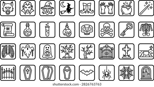 Collection of flat, minimalist icons depicting various household, office, and travel-related objects and activities on transparent backgrounds.
