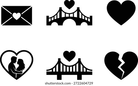Collection of Flat Monochrome Vector Icons Depicting Various Love Romance and Relationship Concepts Including Heartbreak and Connection Symbols