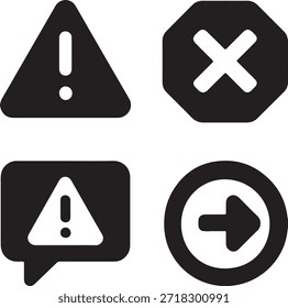 Colección de iconos planos, monocromáticos de advertencia, notificación y alerta en un estilo simple.