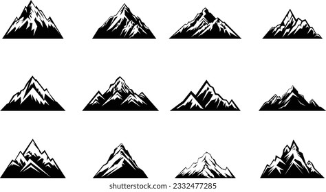 Collection of flat mountain shapes silhouette black and white vector icon. Outdoor travel, adventure, tourism, climbing design element