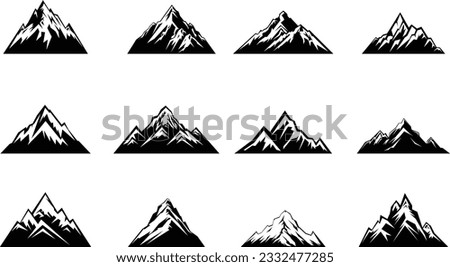 Collection of flat mountain shapes silhouette black and white vector icon. Outdoor travel, adventure, tourism, climbing design element