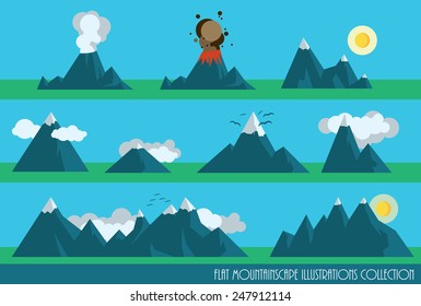 collection of flat mountains illustrations with sun, clouds and a volcano