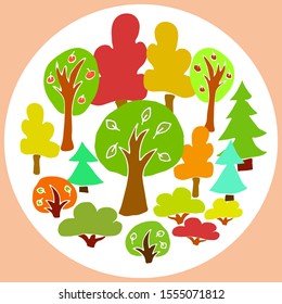 Collection of flat multi-colored autumn trees and bushes on a white background. Simple primitive flat illustration