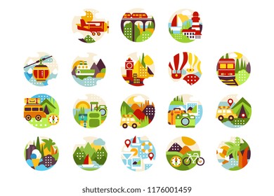 Collection of flat natural circle logo with landscape, city veiw and different types of vehicle. Design elements for travel agency or infographic