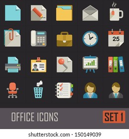 Collection of flat office icons on dark background