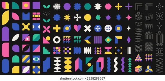 Colección de formas geométricas abstractas planas y de contorno. Brutalismo, minimalismo suizo, inspiración Bauhaus. Elementos de diseño del vector de color aislados en el fondo negro. Ataques comestibles.