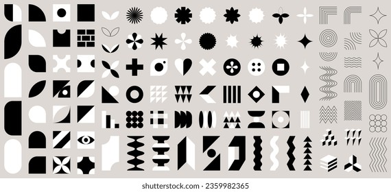 Collection of flat and outline abstract geometric shapes. Brutalism, Swiss minimalism, Bauhaus style inspired. black and white isolated Vector design elements. Ediatble strokes.