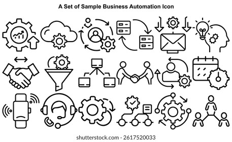 Collection of flat outline automation icons, depicting key elements like cloud computing, gears, funnel, analytics, and network in transparent background.