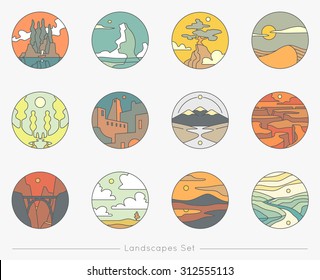 Collection of flat outline icons with nature landscapes. Vector logo set.