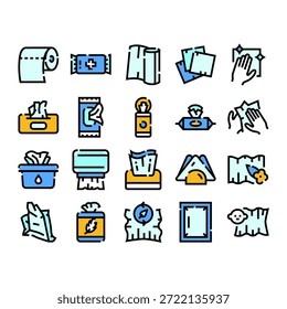 Kollektion von flachen Umrisssymbolen, die verschiedene Hygieneprodukte wie Toilettenpapier, Feuchttücher, Papiertücher, Servietten und Reinigungstücher darstellen, zur Illustration von Sauberkeit- und Hygienekonzepten