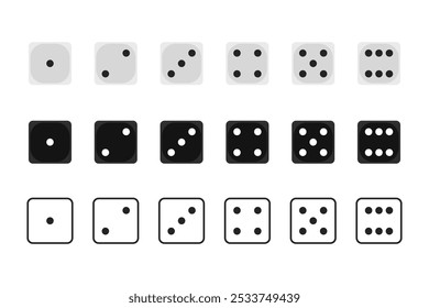 collection of flat and outline style dice icons in white and black