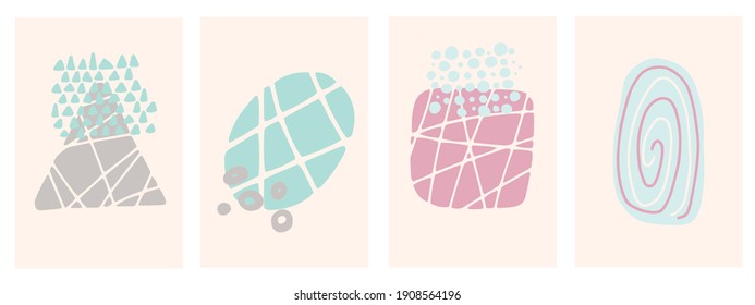 Collection of flat posters in pastel colors. Hand-drawn. Modern vector illustration. Circle, point, line. All elements are isolated on a white background. Abstract shapes for postcards and banners.