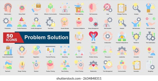A collection of flat Problem Solution icons. Includes decision making, conflict resolution, teamwork, negotiation, leadership, and more. Perfect for illustrations and designs.