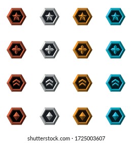 Collection of flat rank icons in hexagons. Perfect for rank system in a game or app. See more icons and other graphics for games in my profile.