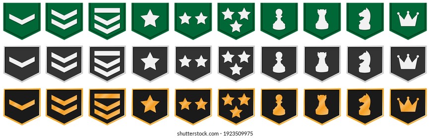 Collection of flat rank icons in shapes. Perfect for rank system in a game or app. Set with 3 types: on fabric, silver and gold