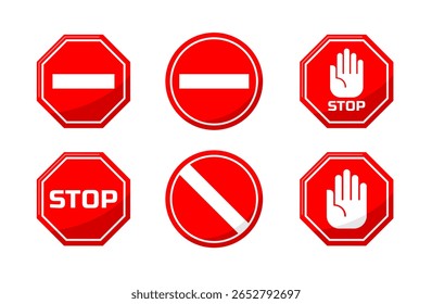 Colección de señales rojas planas de advertencia y prohibición. Conjunto de iconos rojos de prohibición y Stop Sign