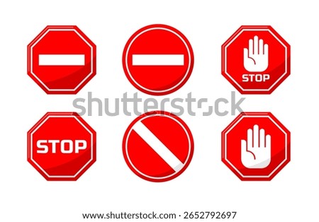 Collection of Flat Red Warning and Prohibition Signs. Set of Red Prohibition and Stop Sign Icons