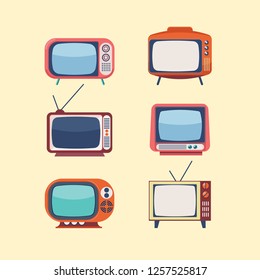 Colección de televisores planos de estilo retro en tonos pastel de mediados de siglo