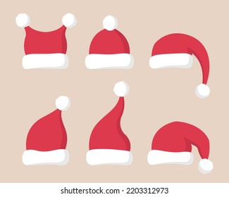 Collection of flat Santa Claus red hats with white fur. Christmas caps and decorations. Vector illustration. 