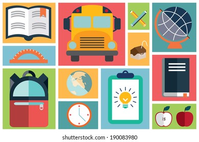 Collection of flat school icons, flat design, vector illustration