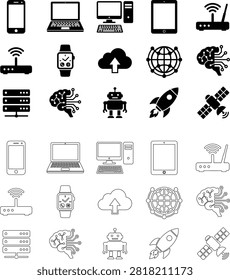 A collection of flat silhouette icons representing various technology devices and network components, ideal for digital communication concepts.