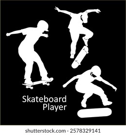 collection of flat silhouettes of skateboarders, jumping motion, balance, skateboard vector illustrations.