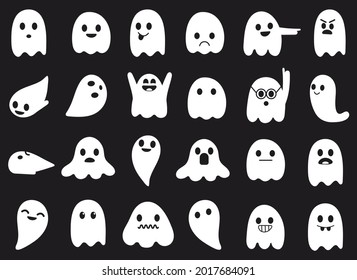 Collection of flat simple ghosts. Set of design for halloween, scary white ghosts, in cartoon style isolated on black background