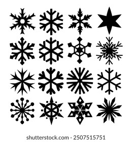 Eine Sammlung von flachen Schneeflocken-Symbolen in einer Vektorgrafik zum Thema Winter. Diese Schneeflocken-Kristalle eignen sich ideal für die Weihnachtsdekoration, um Ihren Weihnachtsdesigns einen festlichen Touch zu verleihen.