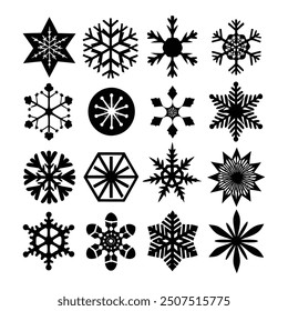 A collection of flat snowflake icons in a winter themed vector illustration. Perfect for adding a festive touch to your Christmas designs, these snowflake crystals are ideal for holiday decorations.