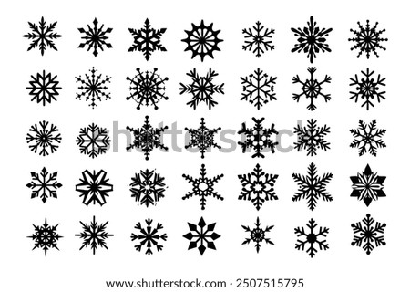 A collection of flat snowflake icons in a winter themed vector illustration. Perfect for adding a festive touch to your Christmas designs, these snowflake crystals are ideal for holiday decorations.