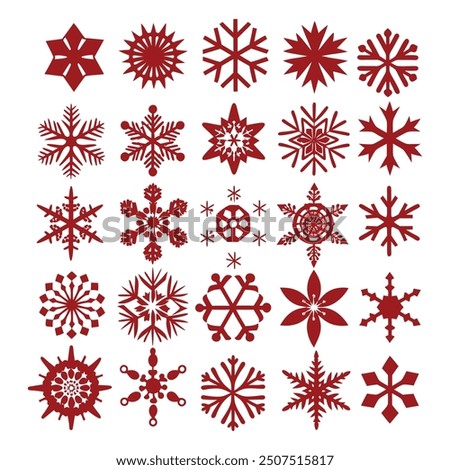 A collection of flat snowflake icons in a winter themed vector illustration. Perfect for adding a festive touch to your Christmas designs, these snowflake crystals are ideal for holiday decorations.
